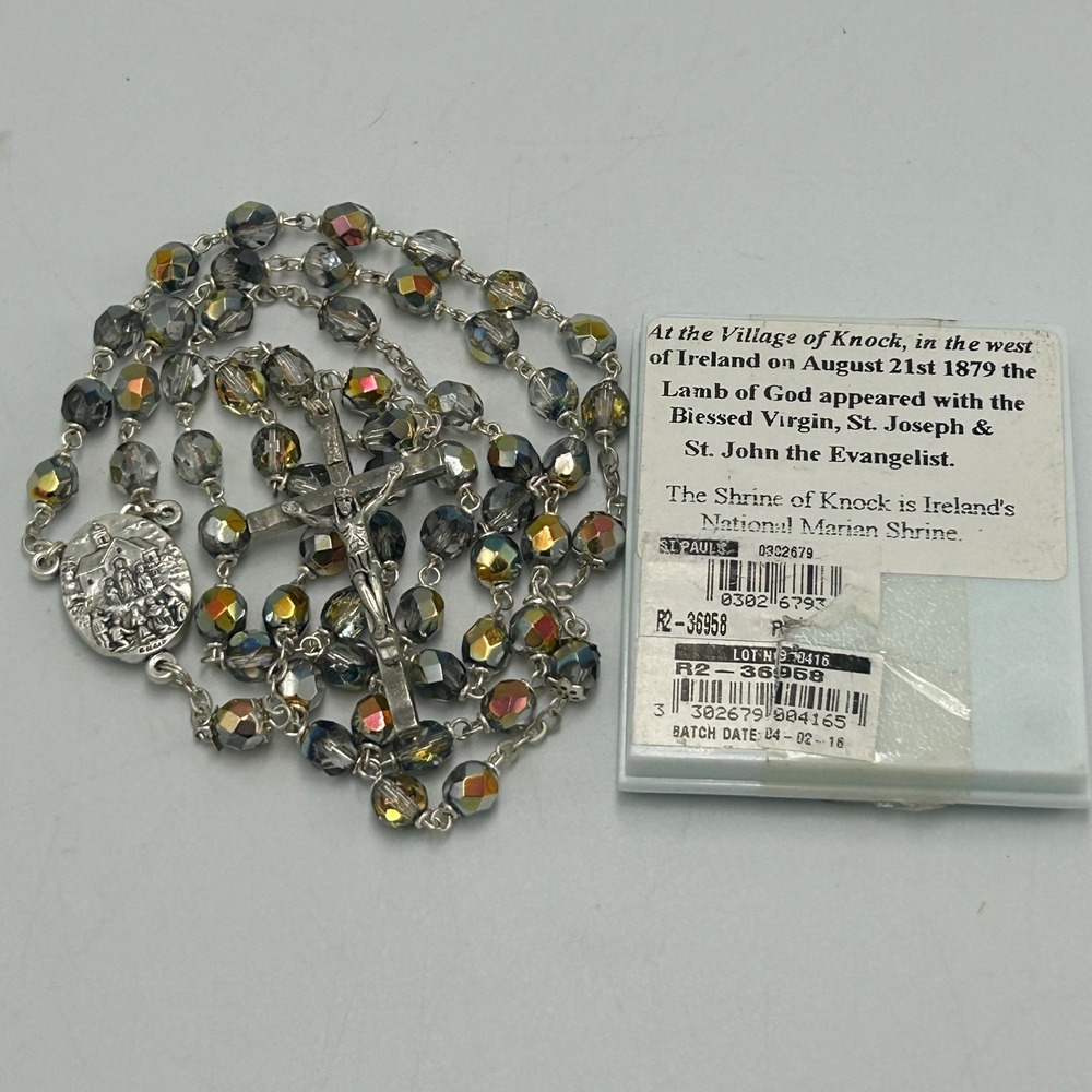 Vintage Catholic Crystal Rosary Knock Water Iridescent Beads Ireland Irish NEW